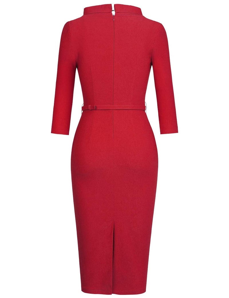 MUXXN Womens Flattering Half Sleeves Ruched Waist Special Occasion Red Dress (Red M) - Image 4